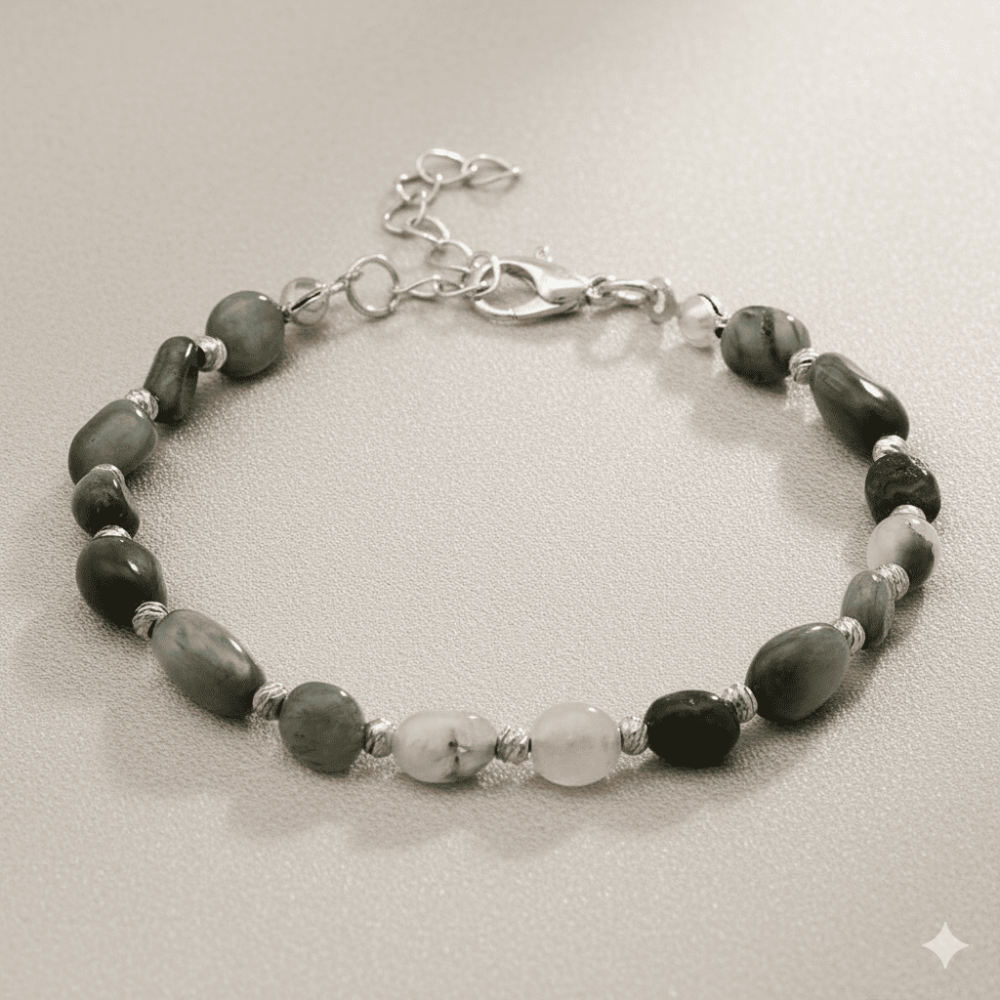 Gümüş Renk Metal Zincirli Dorika Top Süslemeli Amorf Şahin Gözü Doğaltaş Erkek Bileklik - 3