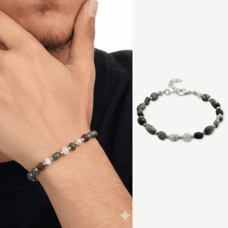 Gümüş Renk Metal Zincirli Dorika Top Süslemeli Amorf Şahin Gözü Doğaltaş Erkek Bileklik - Tesbihane