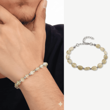 Gümüş Renk Metal Zincirli Dorika Top Süslemeli Amorf Sitrin Doğaltaş Erkek Bileklik - Tesbihane