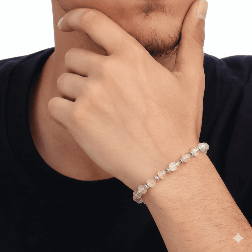 Gümüş Renk Metal Zincirli Dorika Top Süslemeli Amorf Sitrin Doğaltaş Erkek Bileklik - 2