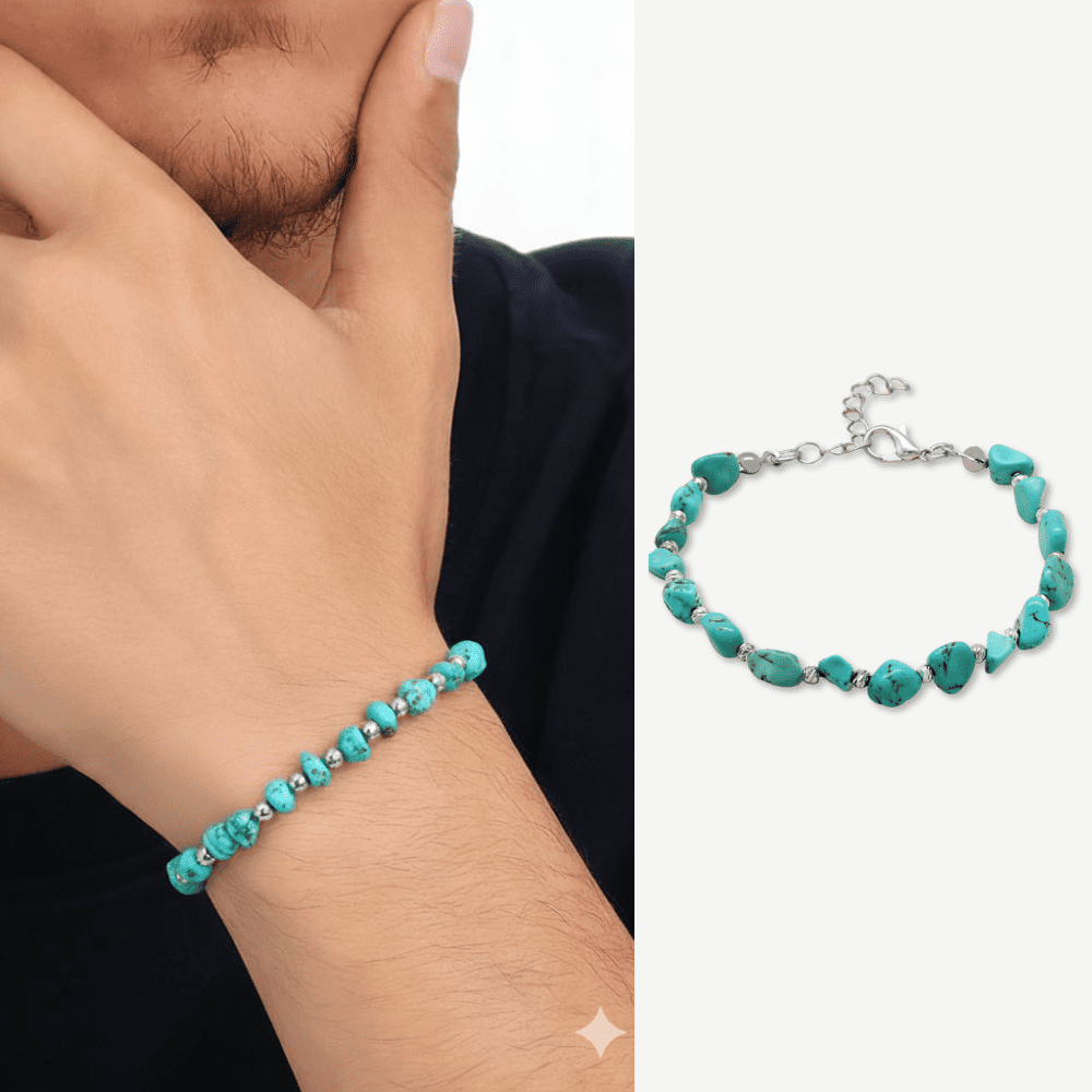 Gümüş Renk Metal Zincirli Dorika Top Süslemeli Amorf Turkuaz Firuze Doğaltaş Erkek Bileklik - 1