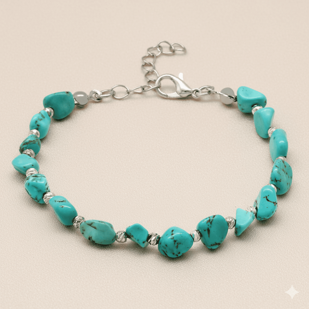 Gümüş Renk Metal Zincirli Dorika Top Süslemeli Amorf Turkuaz Firuze Doğaltaş Erkek Bileklik - 3