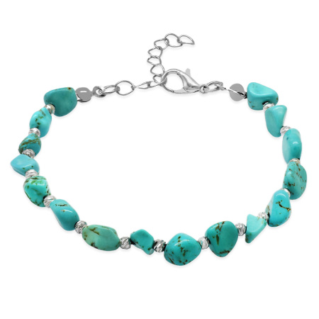 Gümüş Renk Metal Zincirli Dorika Top Süslemeli Amorf Turkuaz Firuze Doğaltaş Erkek Bileklik - Tesbihane