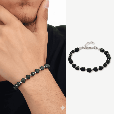 Gümüş Renk Metal Zincirli Dorika Top Süslemeli Amorf Yeşil Yıldız Taşı Doğaltaş Erkek Bileklik - Tesbihane