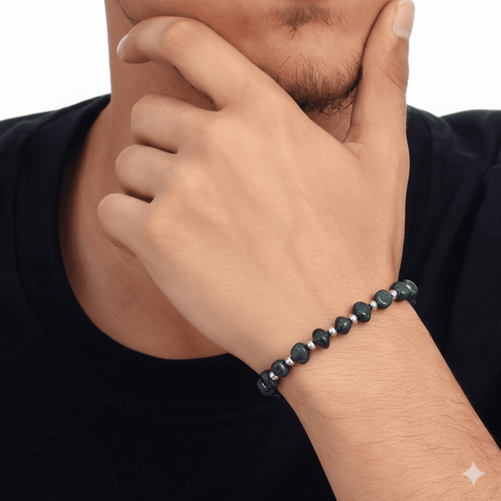 Gümüş Renk Metal Zincirli Dorika Top Süslemeli Amorf Yeşil Yıldız Taşı Doğaltaş Erkek Bileklik - 2