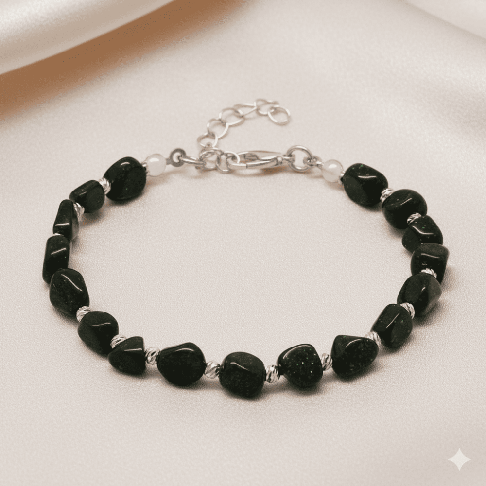 Gümüş Renk Metal Zincirli Dorika Top Süslemeli Amorf Yeşil Yıldız Taşı Doğaltaş Erkek Bileklik - 3