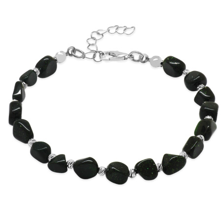 Gümüş Renk Metal Zincirli Dorika Top Süslemeli Amorf Yeşil Yıldız Taşı Doğaltaş Erkek Bileklik - Tesbihane