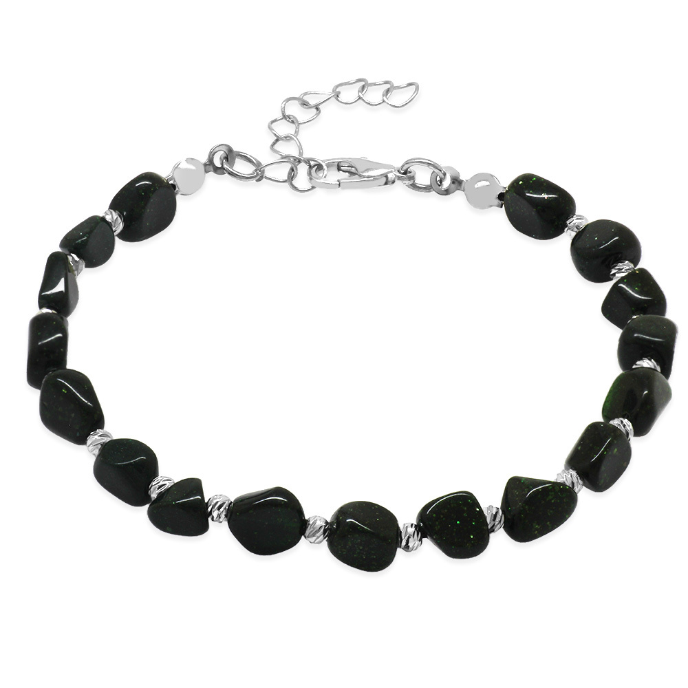 Gümüş Renk Metal Zincirli Dorika Top Süslemeli Amorf Yeşil Yıldız Taşı Doğaltaş Erkek Bileklik - 4