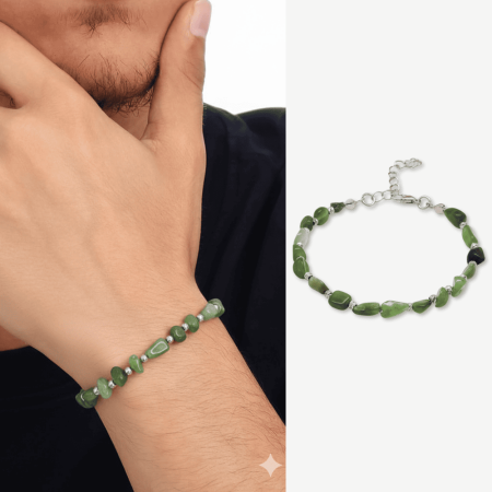 Gümüş Renk Metal Zincirli Dorika Top Süslemeli Amorf Yeşim Taşı Doğaltaş Erkek Bileklik - Tesbihane