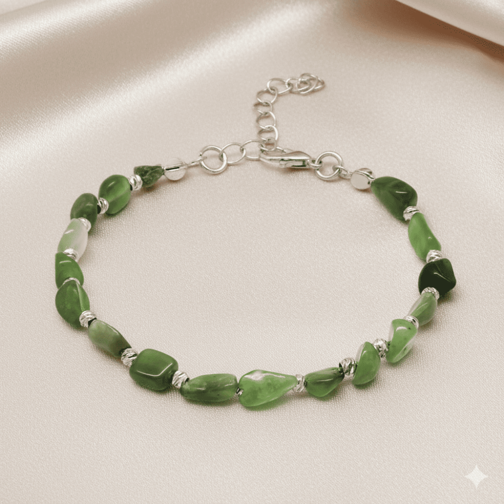 Gümüş Renk Metal Zincirli Dorika Top Süslemeli Amorf Yeşim Taşı Doğaltaş Erkek Bileklik - 3