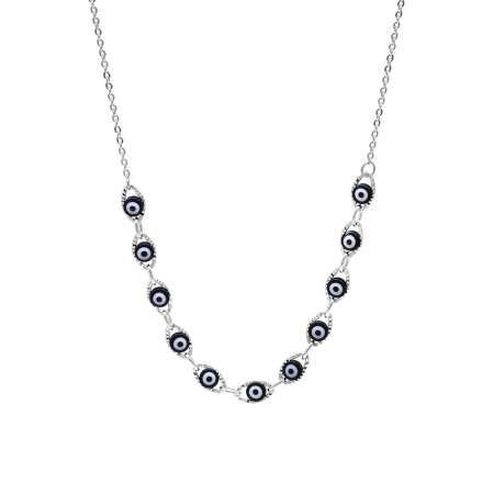 Gümüş Renk Metal Zincirli Lacivert Mineli Nazar Boncuğu Detaylı Kadın Kolye - Tesbihane