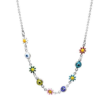 Gümüş Renk Metal Zincirli Çok Renkli Kır Çiçeği Nazar Boncuğu Detaylı Kadın Kolye - Tesbihane