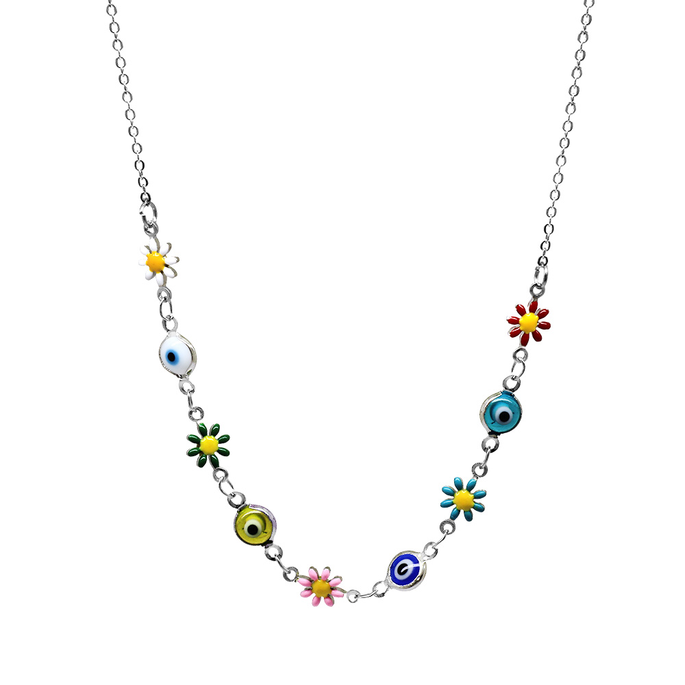 Gümüş Renk Metal Zincirli Çok Renkli Kır Çiçeği Nazar Boncuğu Detaylı Kadın Kolye - 1