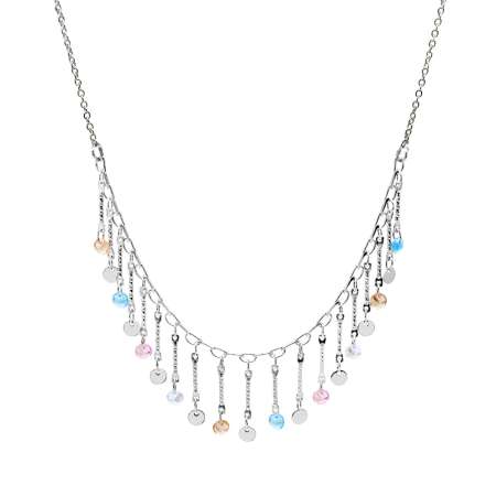 Gümüş Renk Metal Zincirli Çok Renkli Kristal Taş Süslemeli Sallantılı Kadın Kolye - Tesbihane