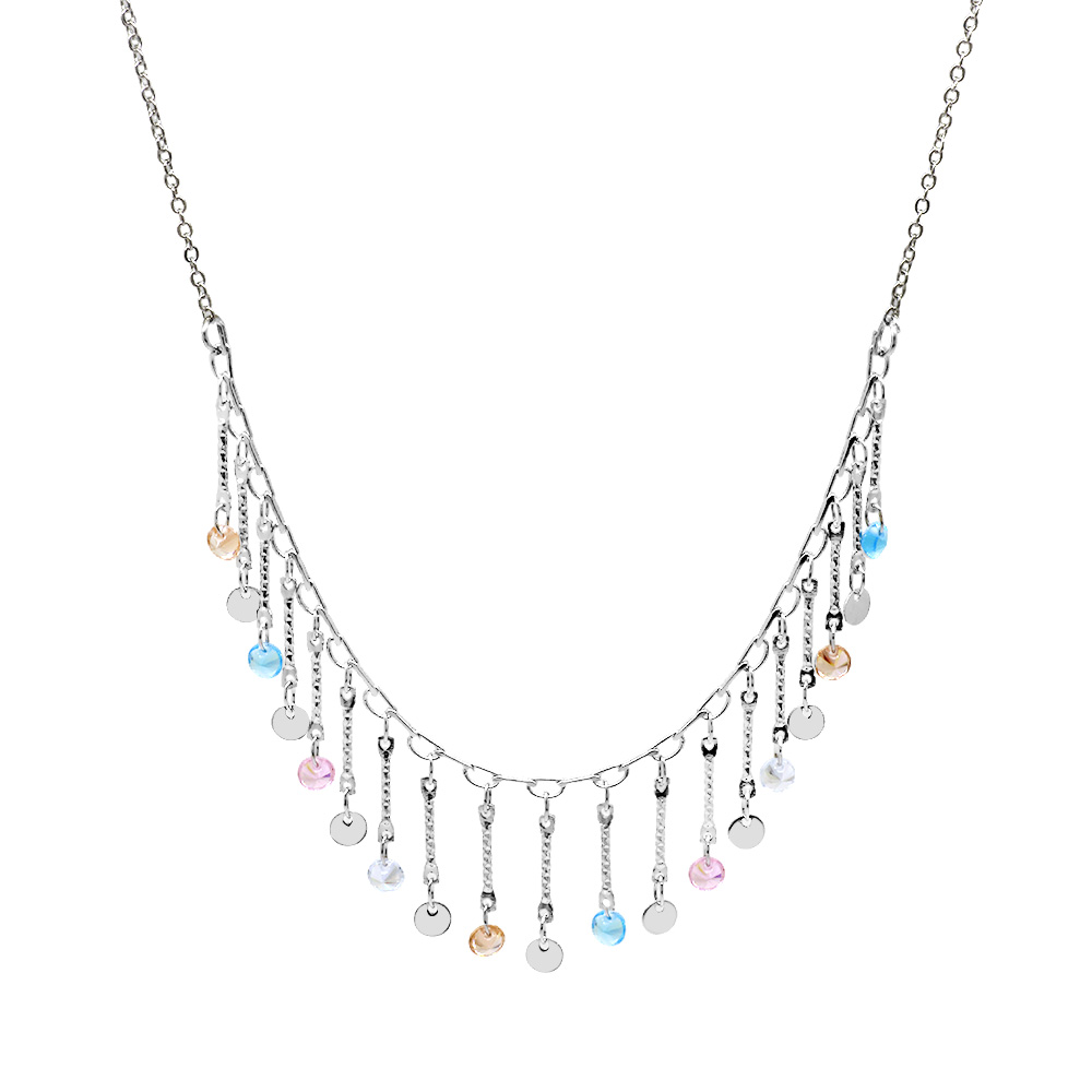 Gümüş Renk Metal Zincirli Çok Renkli Kristal Taş Süslemeli Sallantılı Kadın Kolye - 1