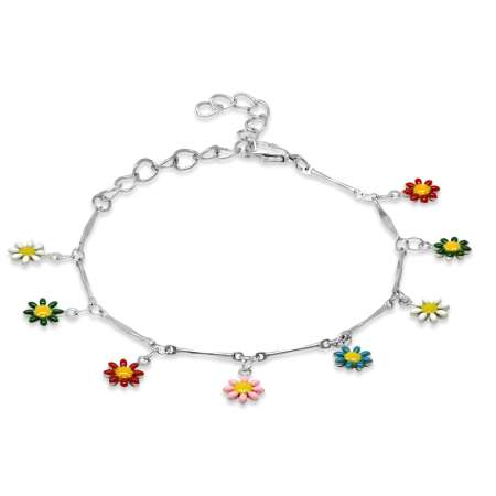 Gümüş Renk Metal Zincirli Çok Renkli Mineli Kır Çiçeği Detaylı Kadın Bileklik - Tesbihane