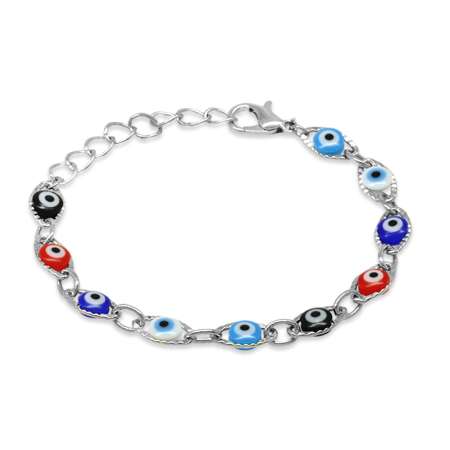Gümüş Renk Metal Zincirli Çok Renkli Mineli Nazar Boncuğu Detaylı Göz Tasarım Kadın Bileklik - Tesbihane