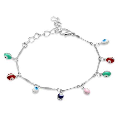 Gümüş Renk Metal Zincirli Çok Renkli Mineli Nazar Boncuğu Detaylı Kadın Bileklik - Tesbihane