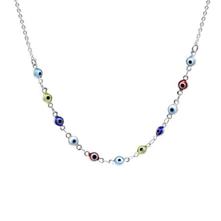 Gümüş Renk Metal Zincirli Çok Renkli Mineli Nazar Boncuğu Detaylı Kadın Kolye - Tesbihane