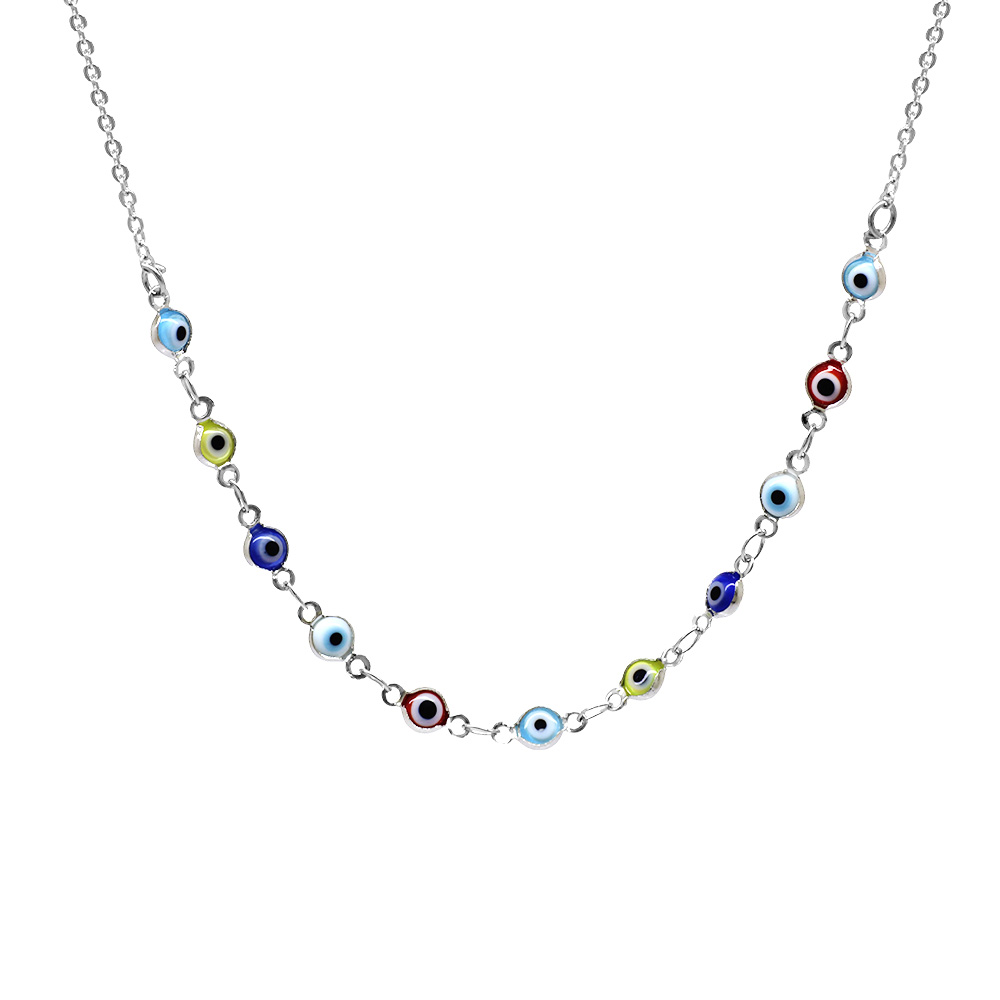 Gümüş Renk Metal Zincirli Çok Renkli Mineli Nazar Boncuğu Detaylı Kadın Kolye - 1