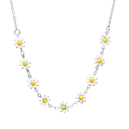 Gümüş Renk Metal Zincirli Sarı Beyaz Mineli Kır Çiçeği Detaylı Kadın Kolye - Tesbihane
