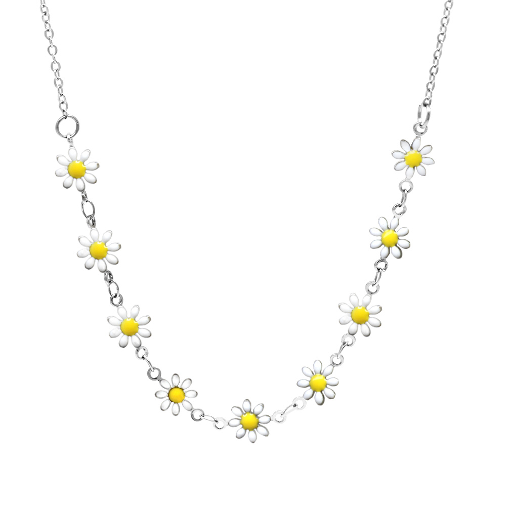 Gümüş Renk Metal Zincirli Sarı Beyaz Mineli Kır Çiçeği Detaylı Kadın Kolye - 1