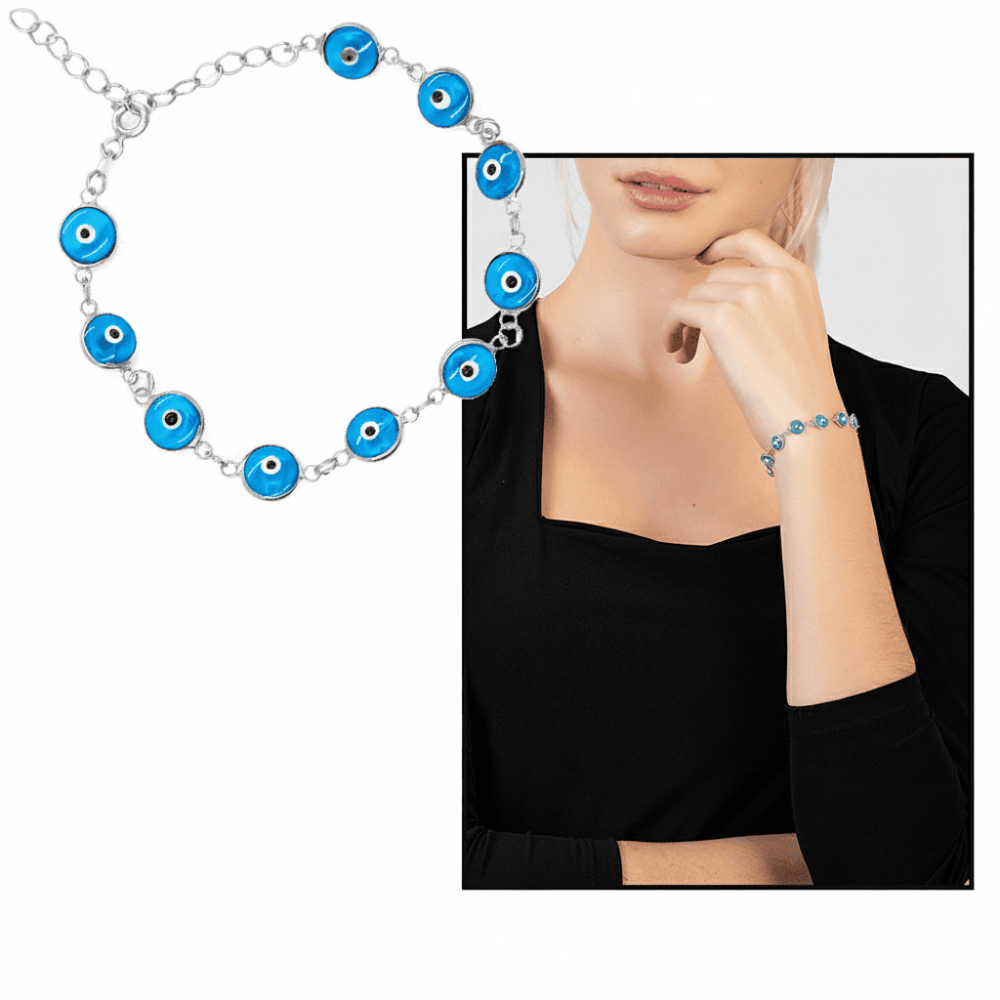 Gümüş Renk Nazar Boncuğu Detaylı 925 Ayar Gümüş Kadın Bileklik - 1