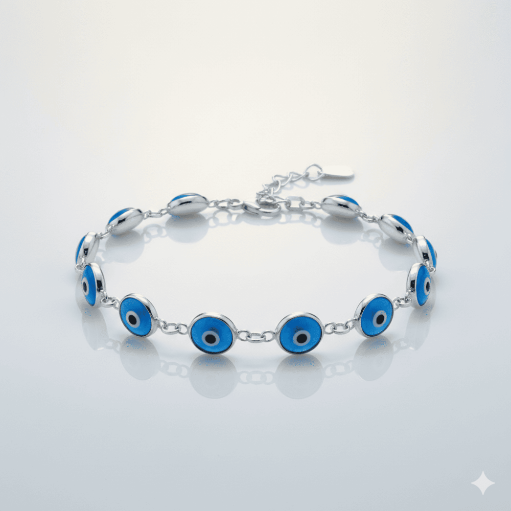 Gümüş Renk Nazar Boncuğu Detaylı 925 Ayar Gümüş Kadın Bileklik - 2