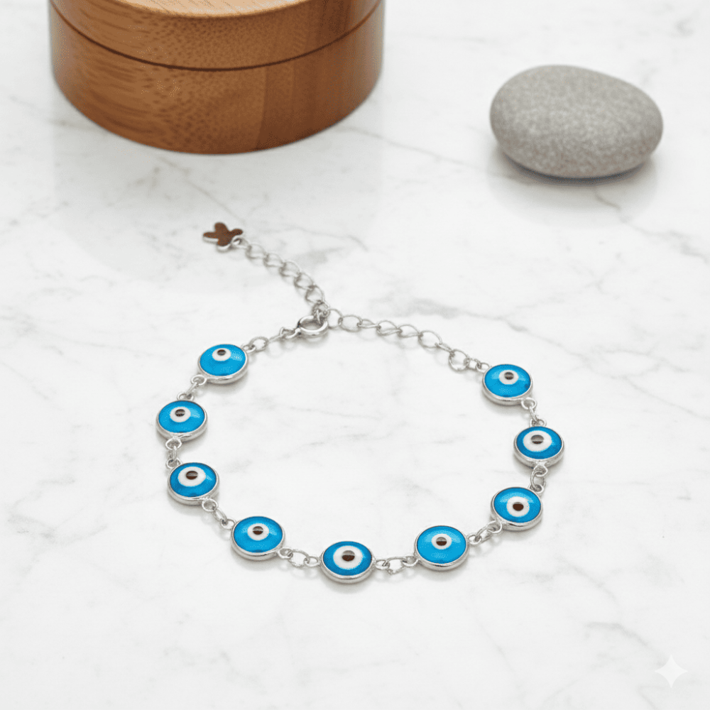 Gümüş Renk Nazar Boncuğu Detaylı 925 Ayar Gümüş Kadın Bileklik - 4