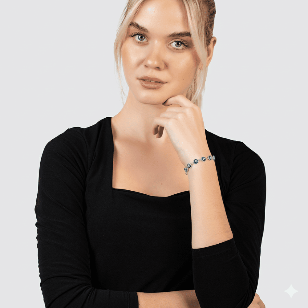 Gümüş Renk Nazar Boncuğu Detaylı 925 Ayar Gümüş Kadın Bileklik - 6
