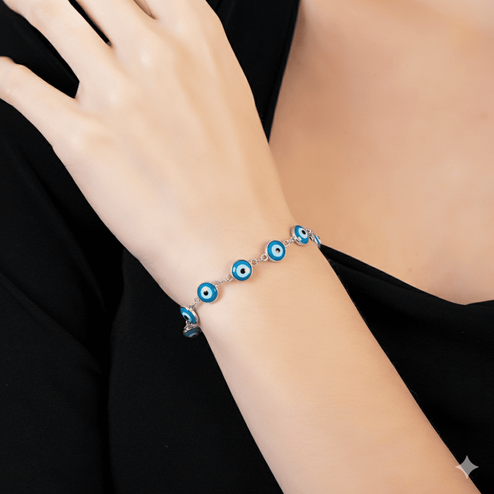 Gümüş Renk Nazar Boncuğu Detaylı 925 Ayar Gümüş Kadın Bileklik - 7