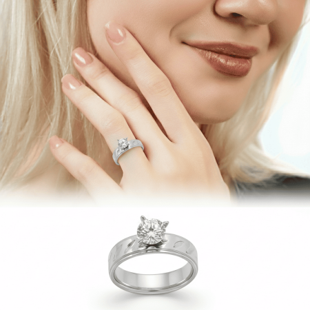 Gümüş Renk Zirkon Taşlı V Tasarım 316L Kalite Paslanmaz Çelik Kadın Tektaş Yüzük - 12 Ölçü - Tesbihane