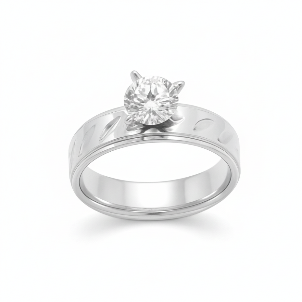 Gümüş Renk Zirkon Taşlı V Tasarım 316L Kalite Paslanmaz Çelik Kadın Tektaş Yüzük - 18 Ölçü - 3