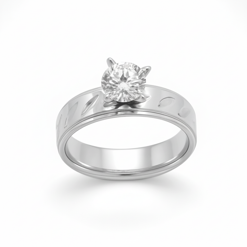 Gümüş Renk Zirkon Taşlı V Tasarım 316L Kalite Paslanmaz Çelik Kadın Tektaş Yüzük - 21 Ölçü - 3