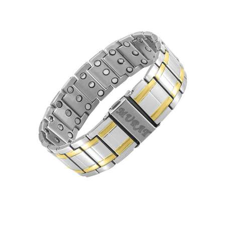 Gümüş ve Altın Rengi İsme Özel Yazılı Titanyum Manyetik Terapi Sağlık Bilekliği - Tesbihane