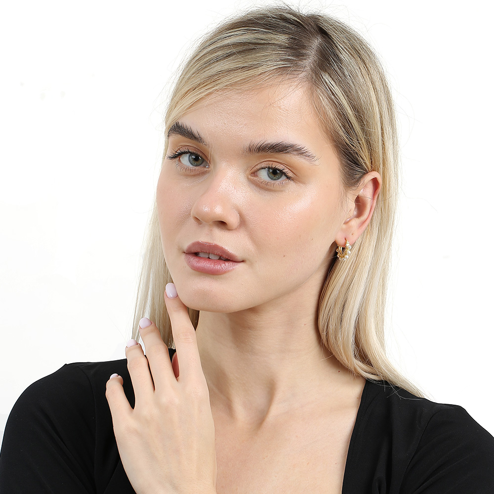 Sıralı İnci Taşlı Altın Renk Yarım Tur 925 Ayar Gümüş Kadın Küpe - 2