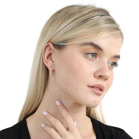 Sıralı İnci Taşlı Rose Renk Yarım Tur 925 Ayar Gümüş Kadın Küpe - Tesbihane