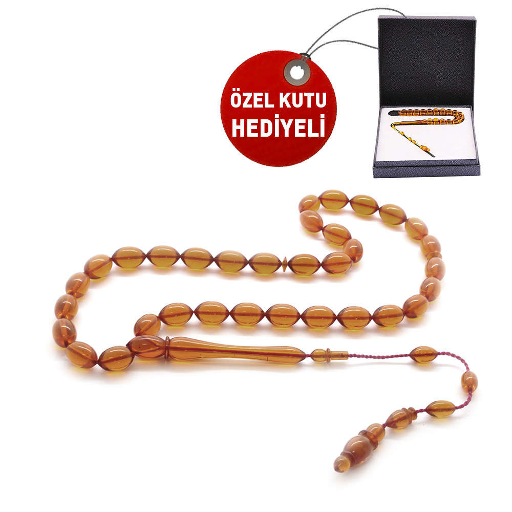 Arpa Kesim Turuncu Ateş Kehribar Tesbih - Hediye Kutulu - 2