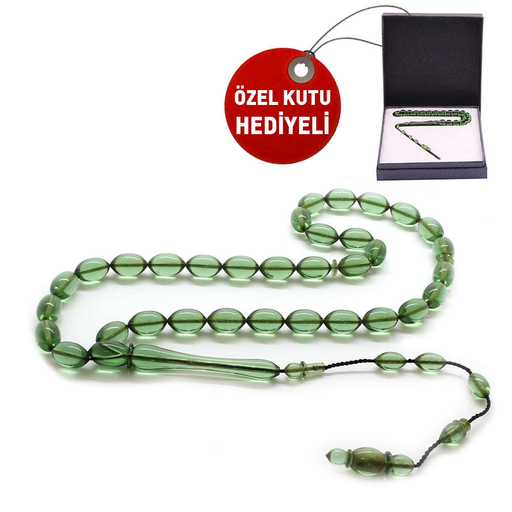 Arpa Kesim Yeşil Ateş Kehribar Tesbih - Hediye Kutulu - 1
