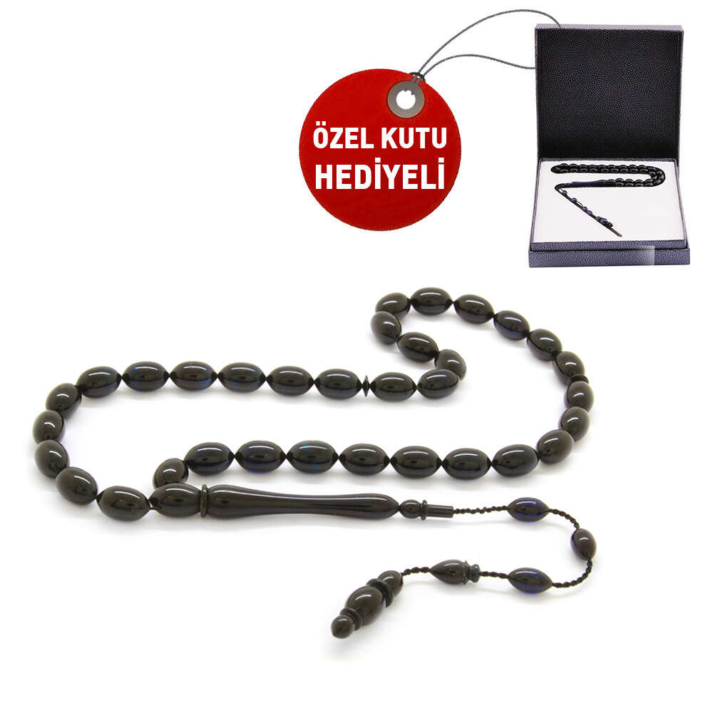 Usta İşi Arpa Kesim Süzme Lacivert Sıkma Kehribar Tesbih - Hediye Kutulu - 1