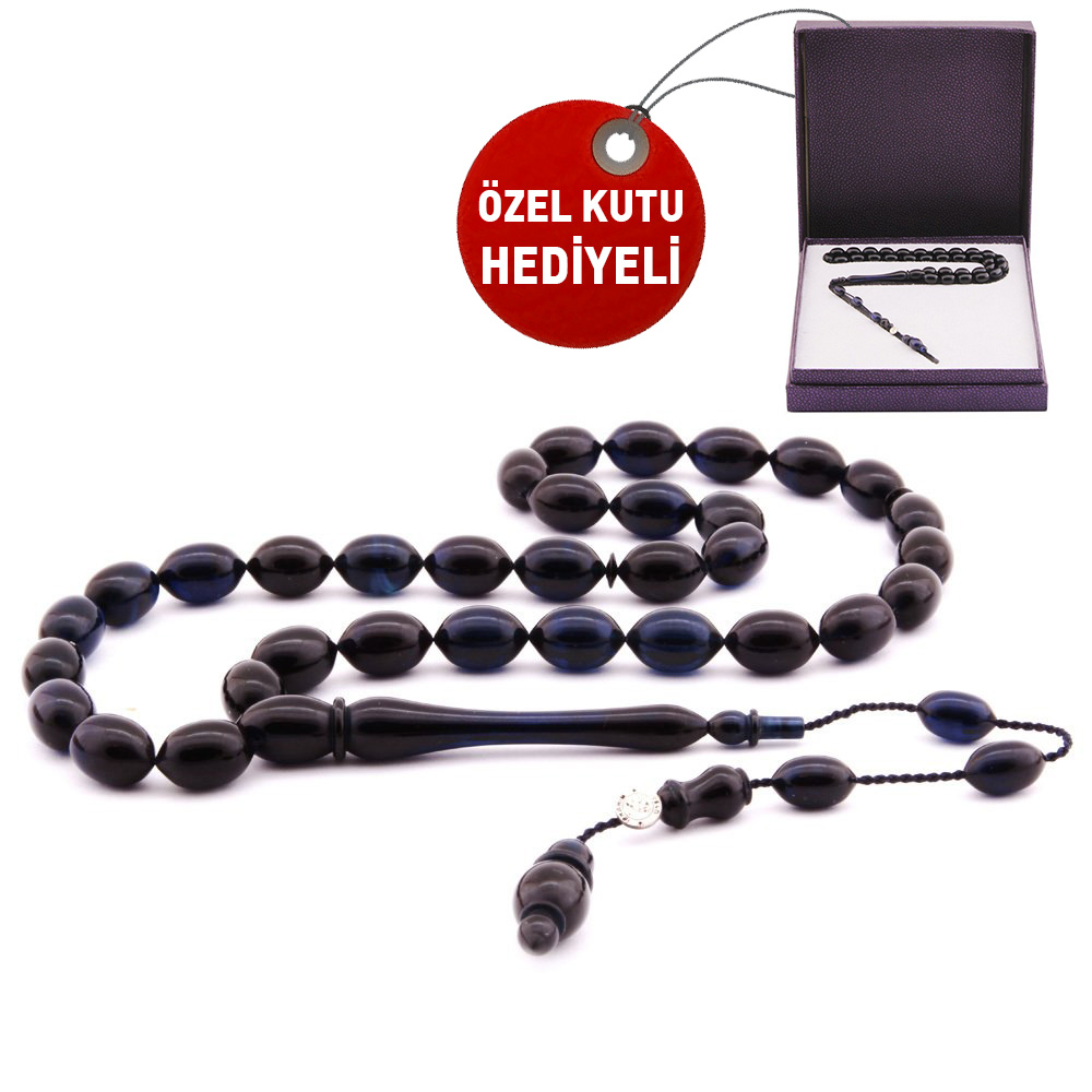 Usta İşi Arpa Kesim Lacivert Sıkma Kehribar Tesbih - Hediye Kutulu - 1