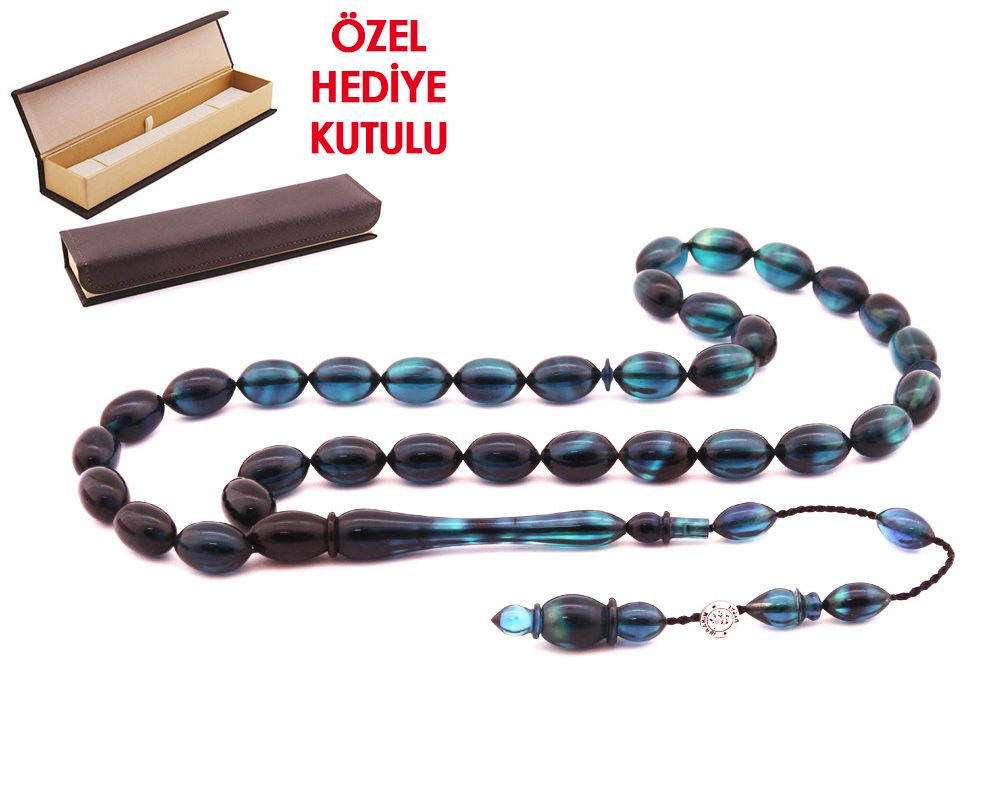 Usta İşi Arpa Kesim Süzme Mavi Sıkma Kehribar Tesbih - Hediye Kutulu - 4