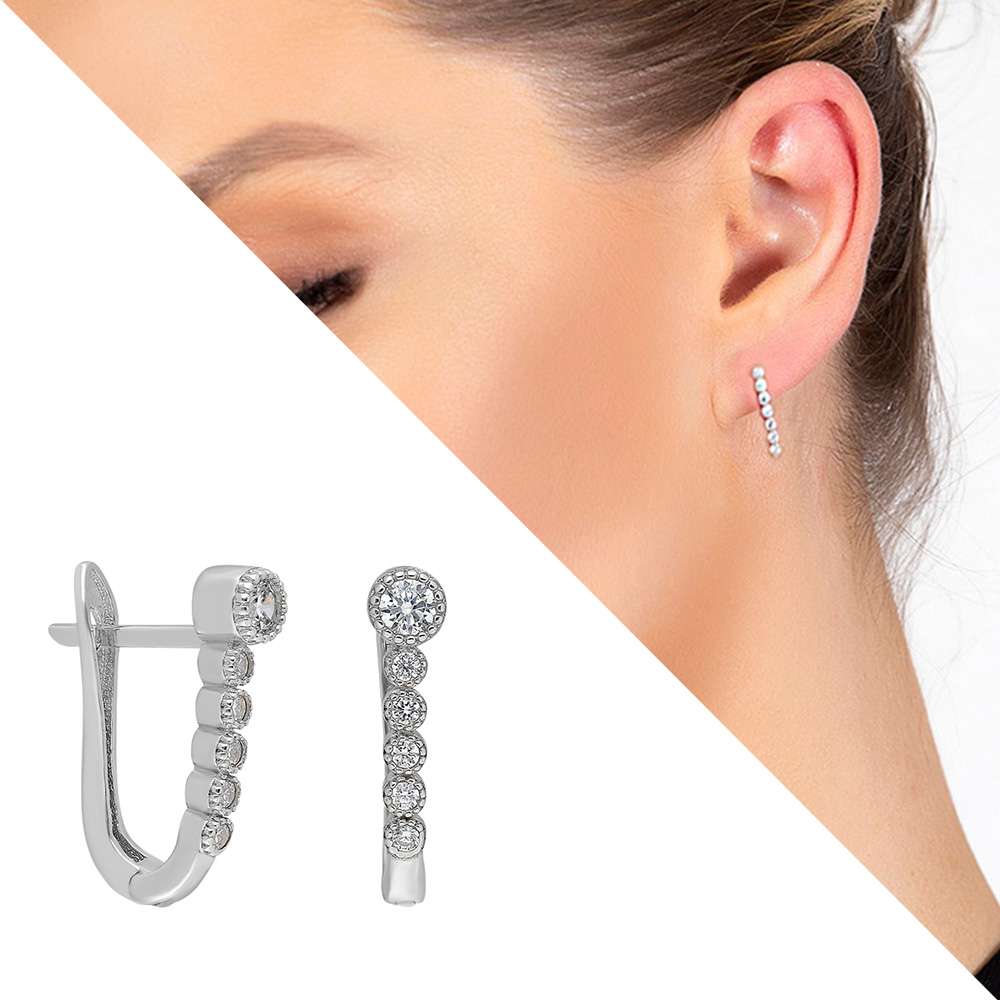 Sıralı Zirkon Taşlı 925 Ayar Gümüş Kadın Küpe - 1