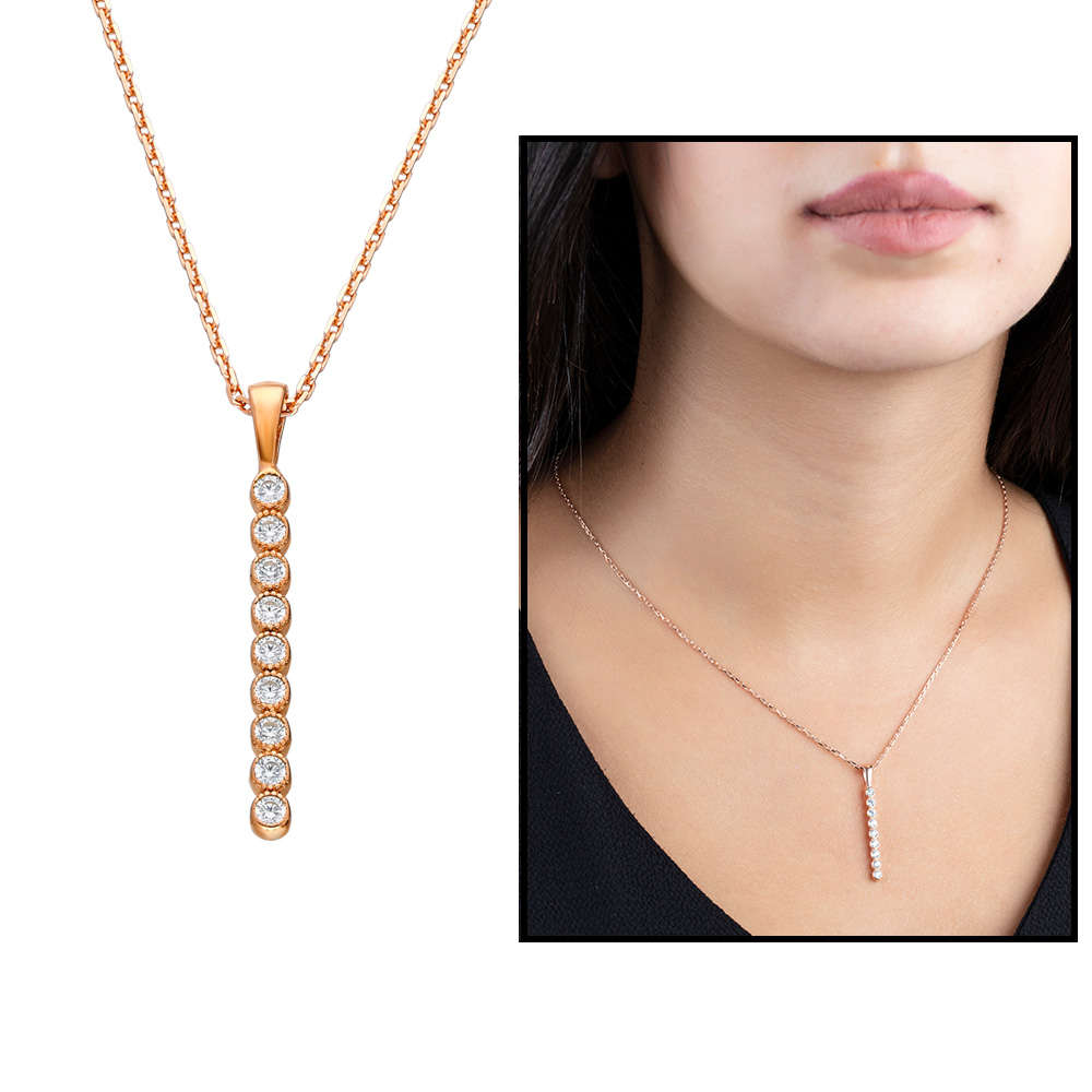 Sıralı Zirkon Taşlı Altın Renk 925 Ayar Gümüş Bayan Kolye - 1