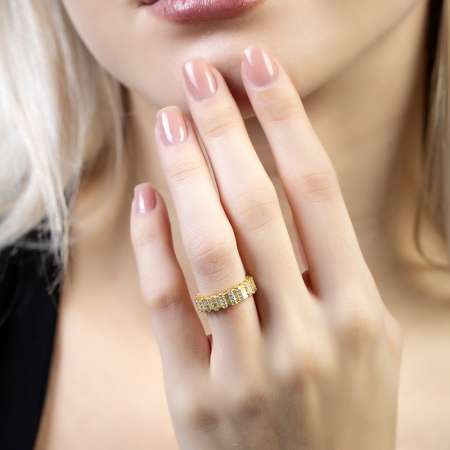 Sıralı Zirkon Taşlı Altın Renk Ayarlanabilir Ölçü Yarım Tur 925 Ayar Gümüş Kadın Yüzük - Tesbihane