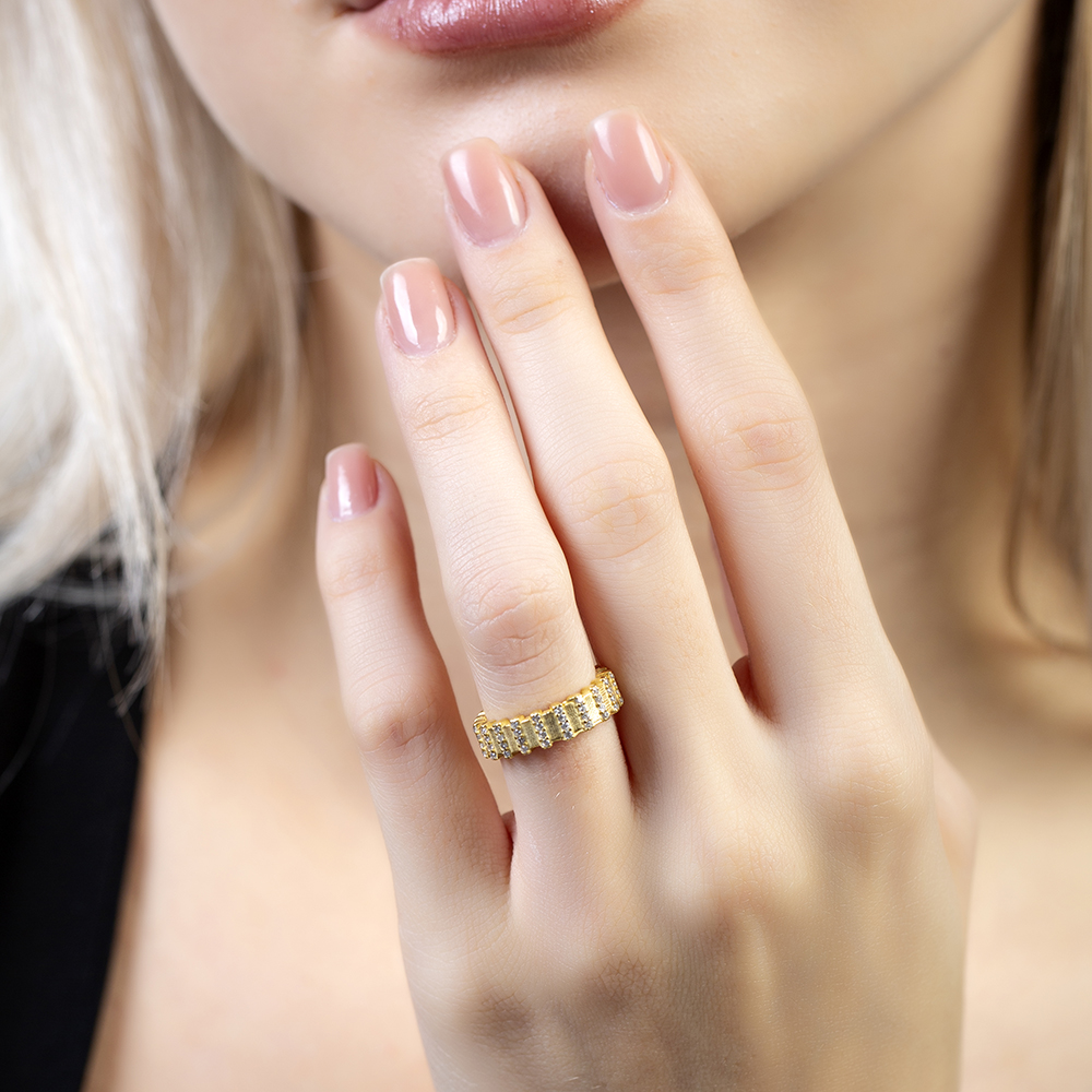 Sıralı Zirkon Taşlı Altın Renk Ayarlanabilir Ölçü Yarım Tur 925 Ayar Gümüş Kadın Yüzük - 1