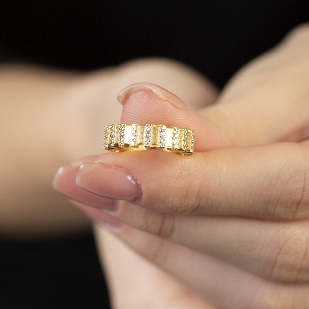 Sıralı Zirkon Taşlı Altın Renk Ayarlanabilir Ölçü Yarım Tur 925 Ayar Gümüş Kadın Yüzük - 2