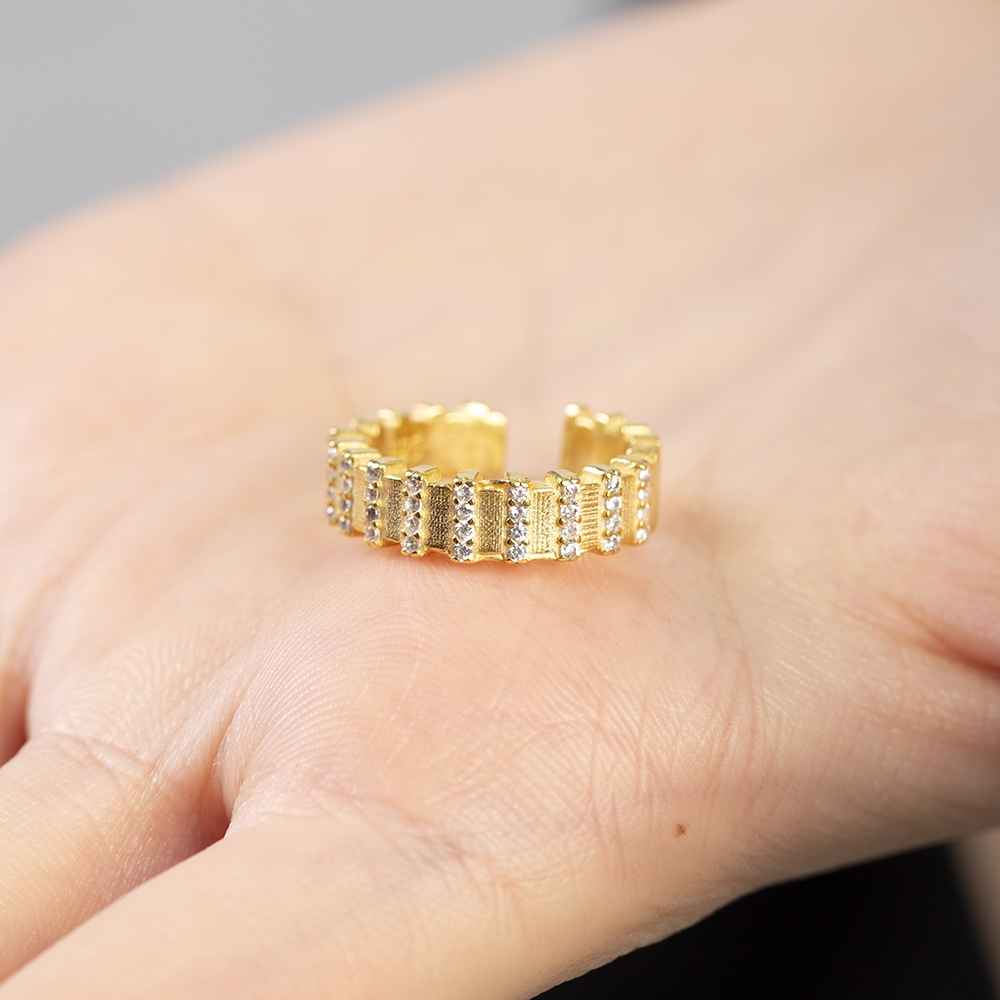 Sıralı Zirkon Taşlı Altın Renk Ayarlanabilir Ölçü Yarım Tur 925 Ayar Gümüş Kadın Yüzük - 5