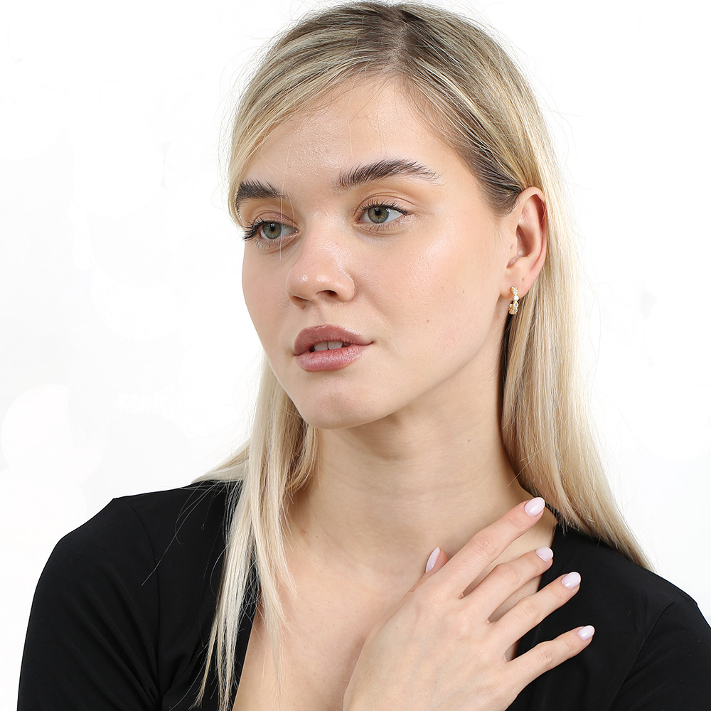 Sıralı Zirkon Taşlı Altın Renk Yarım Tur 925 Ayar Gümüş Kadın Küpe - 2