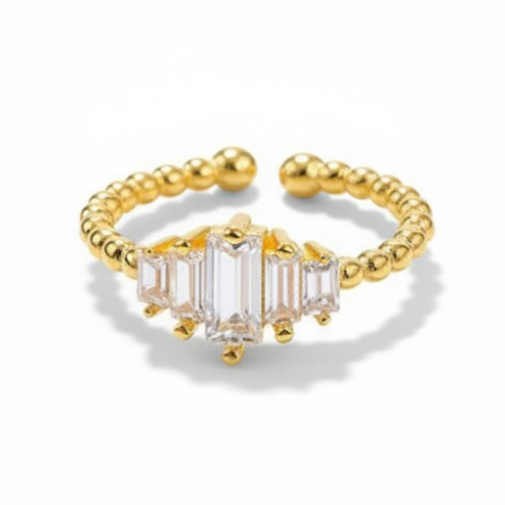 Sıralı Zirkon Taşlı Popcorn Tasarım Altın Renk Ayarlanabilir Ölçü 925 Ayar Gümüş Kadın Beştaş Yüzük - 2